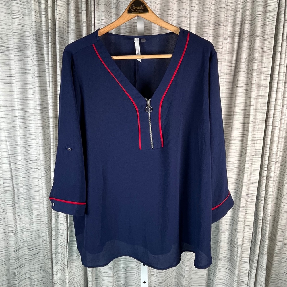 Collection Woman Navy Blue Red Trim Zip V-Neck Roll Tab Sleeve Blouse 1X